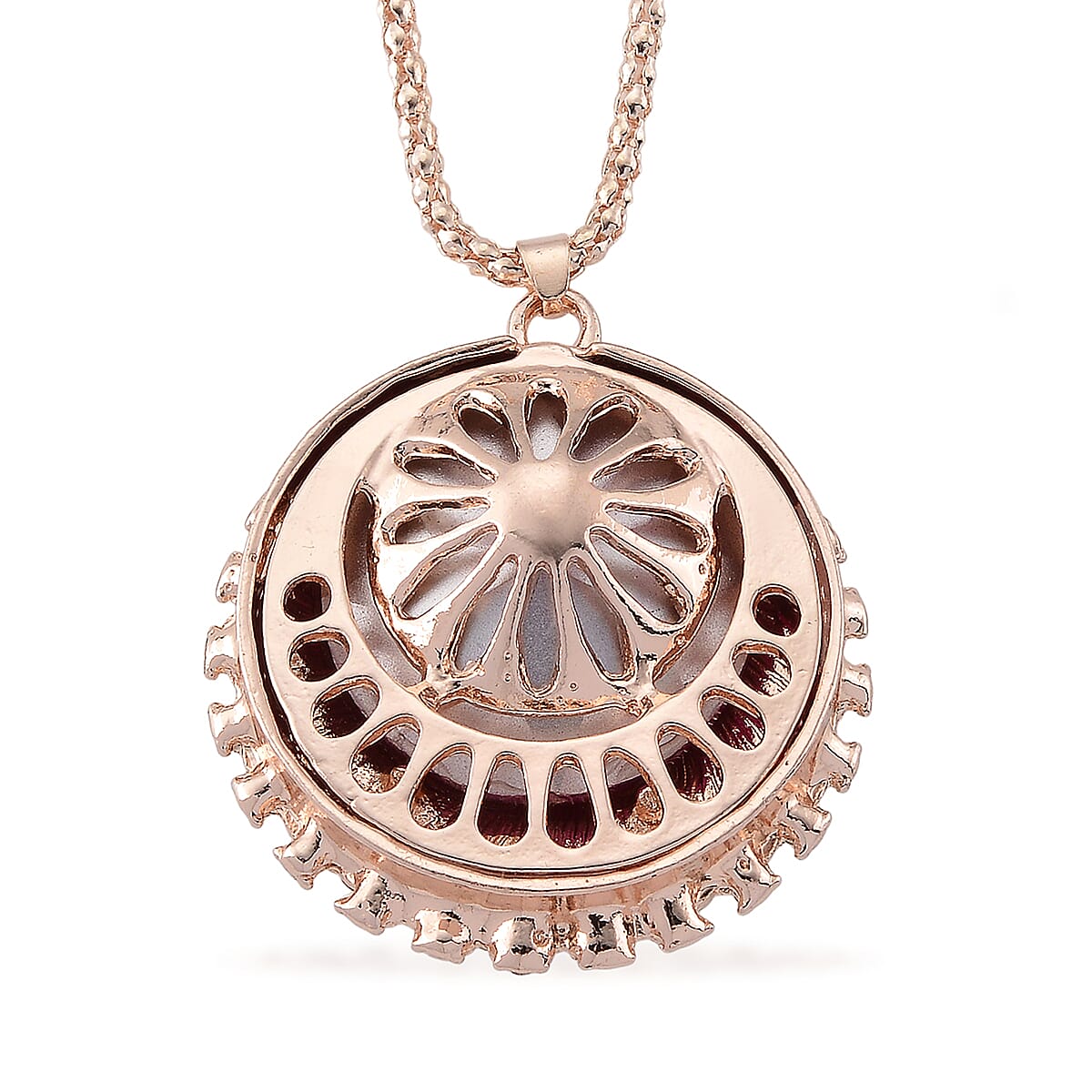 Simulated Fuchsia Sapphire and Austrian Crystal Celestial Pendant Necklace in Rosetone 24-26 Inches image number 4