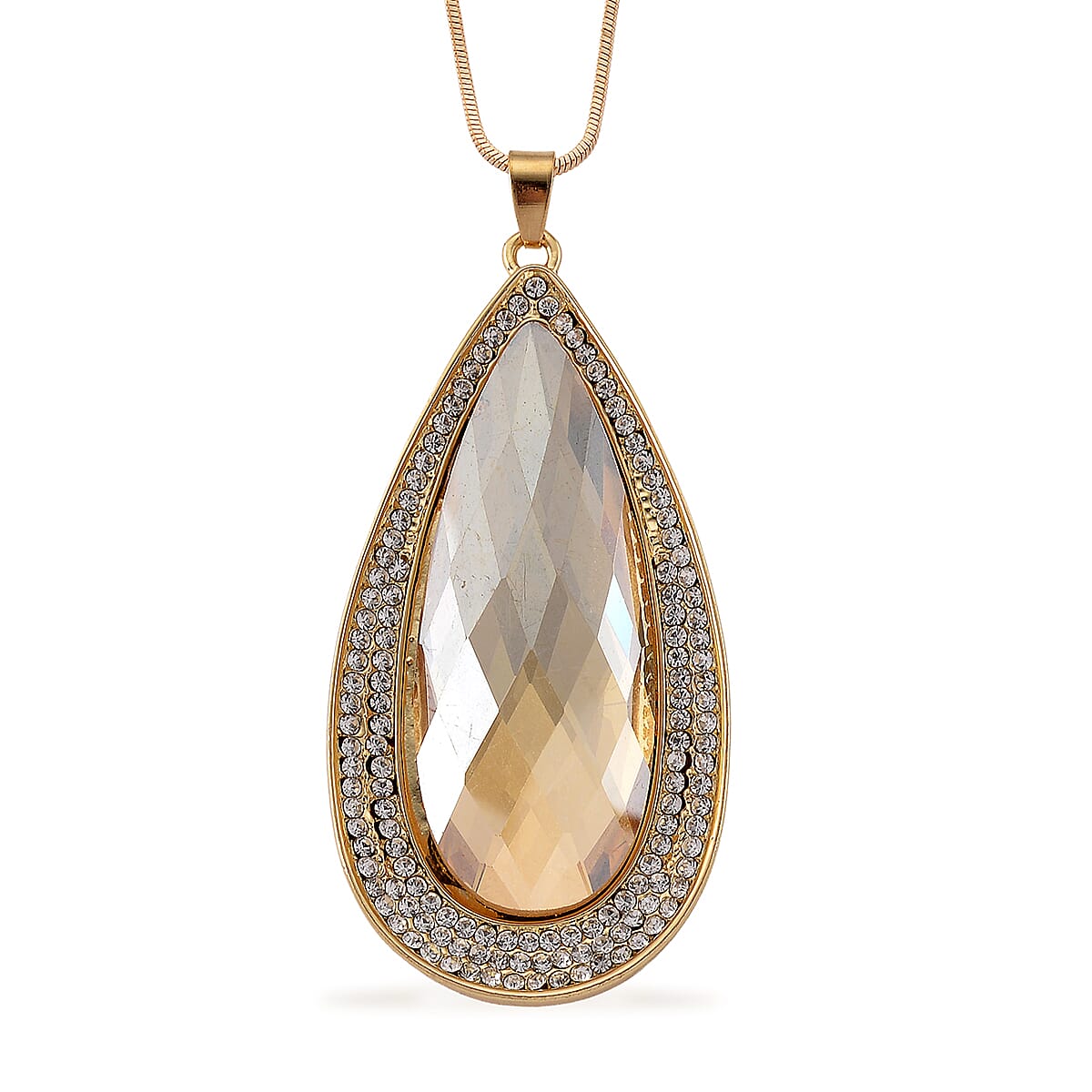 Simulated Champagne Sapphire and Austrian Crystal Elongated Pendant Necklace in Goldtone 24-26 Inches