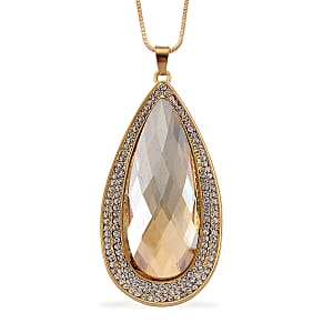 Simulated Champagne Sapphire and Austrian Crystal Elongated Pendant Necklace in Goldtone 24-26 Inches