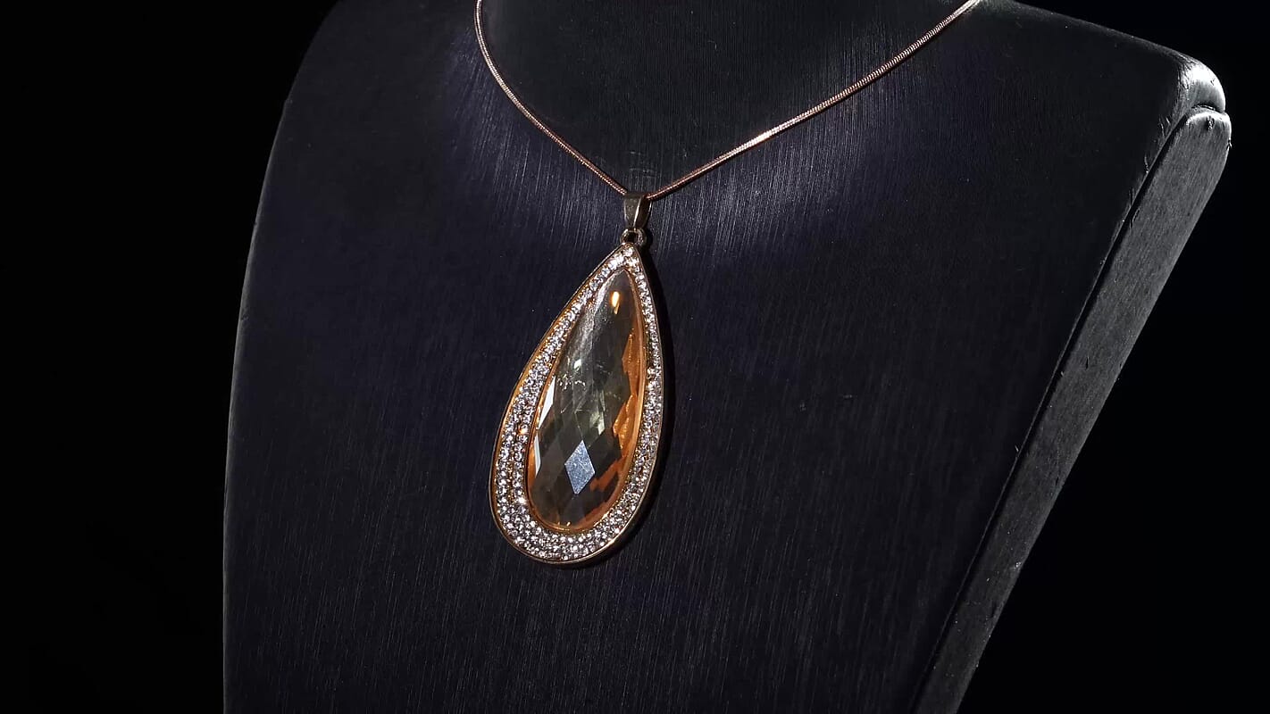 Simulated Champagne Sapphire and Austrian Crystal Elongated Pendant Necklace in Goldtone 24-26 Inches