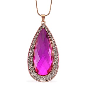 Simulated Fuchsia Sapphire and Austrian Crystal Elongated Pendant Necklace in Rosetone 24-26 Inches