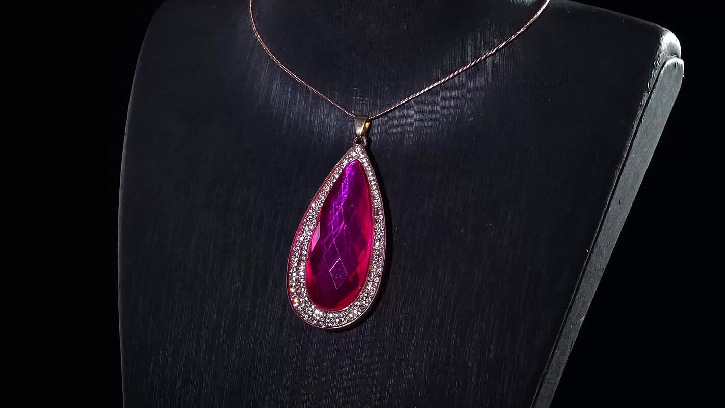Simulated Fuchsia Sapphire and Austrian Crystal Elongated Pendant Necklace in Rosetone 24-26 Inches