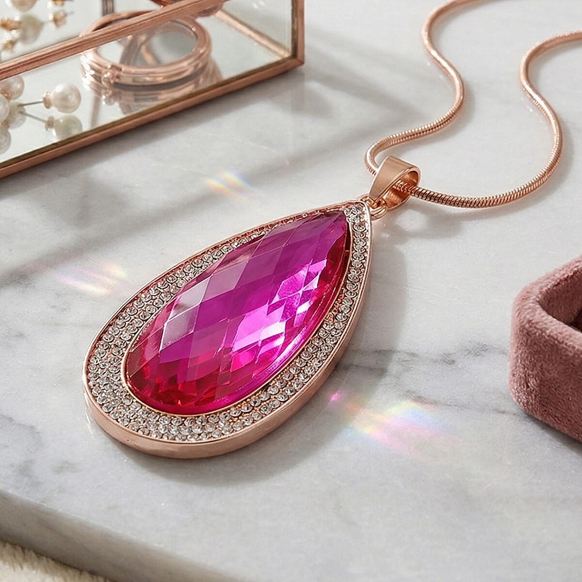 Simulated Fuchsia Sapphire and Austrian Crystal Elongated Pendant Necklace in Rosetone 24-26 Inches image number 1