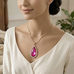 Simulated Fuchsia Sapphire and Austrian Crystal Elongated Pendant Necklace in Rosetone 24-26 Inches