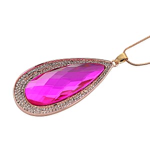 Simulated Fuchsia Sapphire and Austrian Crystal Elongated Pendant Necklace in Rosetone 24-26 Inches