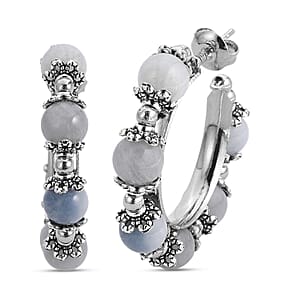 Blue Apatite 25.00 ctw Beaded Station Hoop Earrings in Silvertone