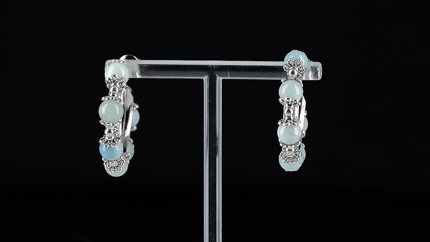 Blue Apatite Beaded Station Hoop Earrings in Silvertone 25.00 ctw