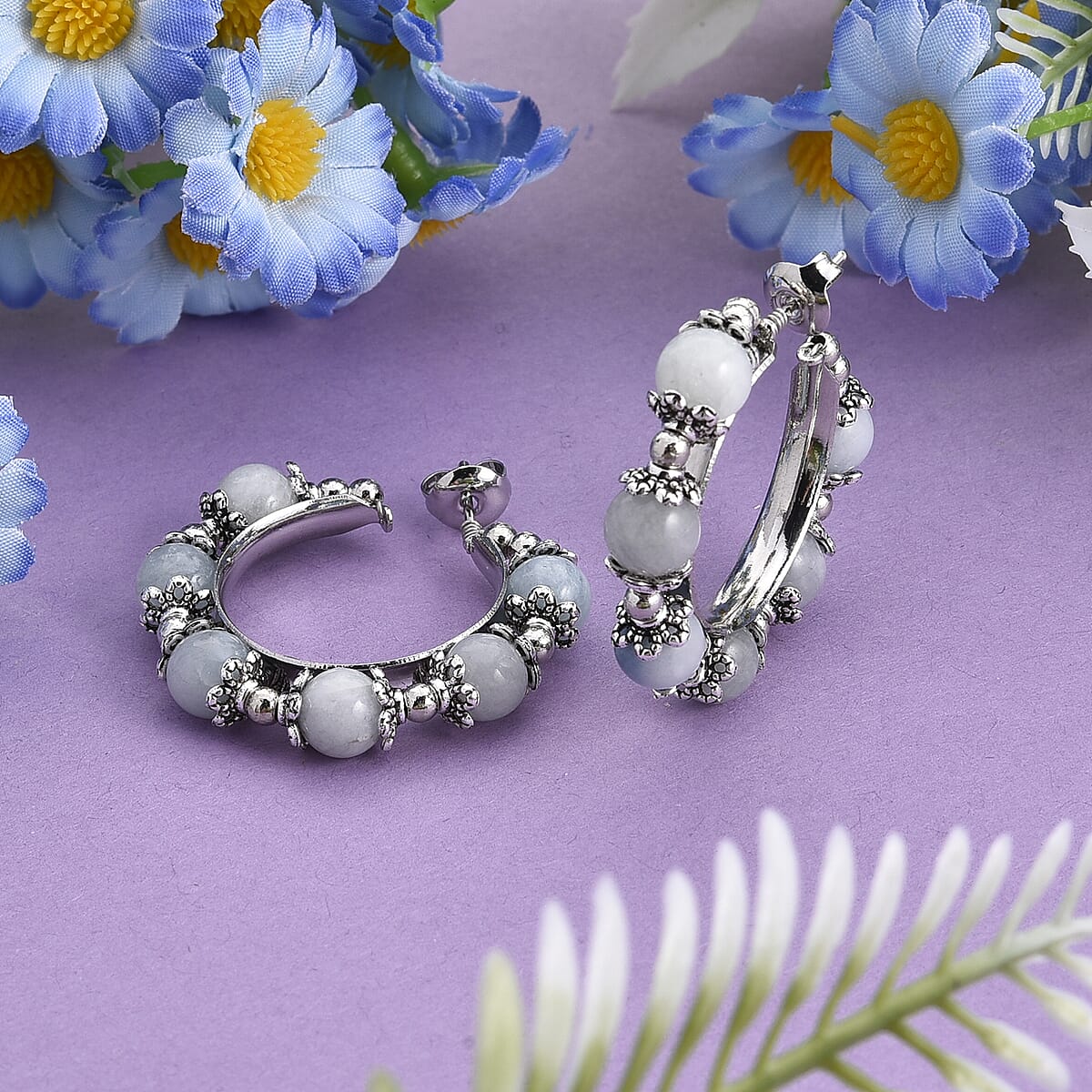 Blue Apatite Beaded Station Hoop Earrings in Silvertone 25.00 ctw image number 1