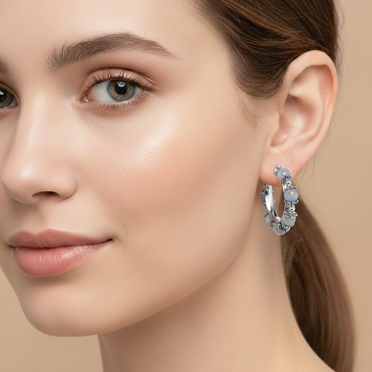 Blue Apatite Beaded Station Hoop Earrings in Silvertone 25.00 ctw image number 2