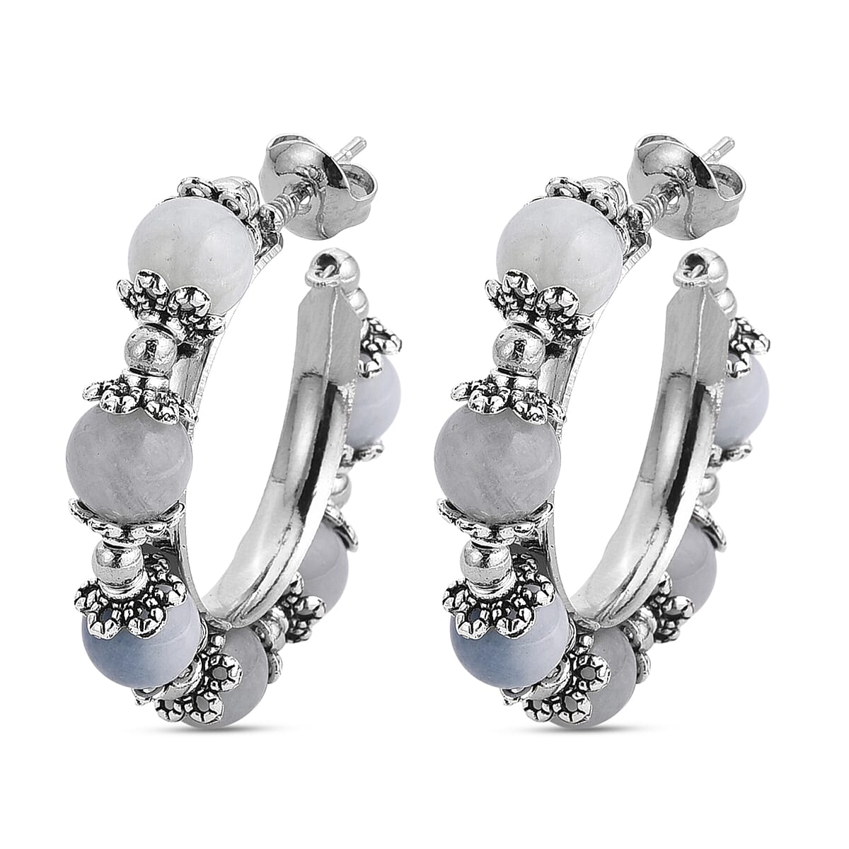 Blue Apatite Beaded Station Hoop Earrings in Silvertone 25.00 ctw image number 3