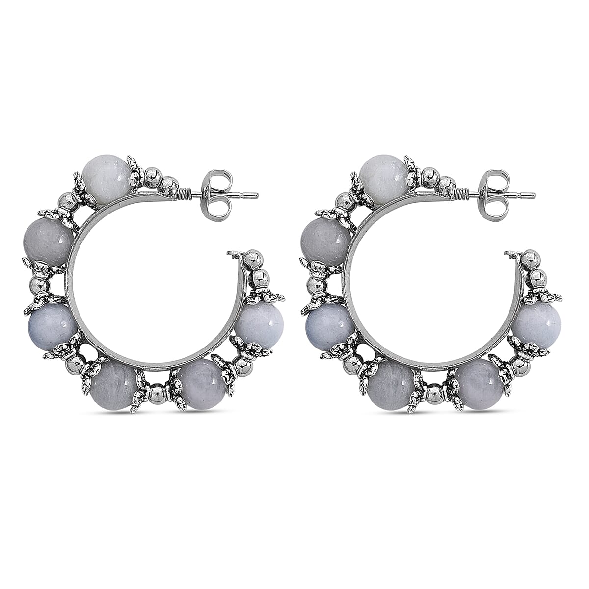 Blue Apatite Beaded Station Hoop Earrings in Silvertone 25.00 ctw image number 4