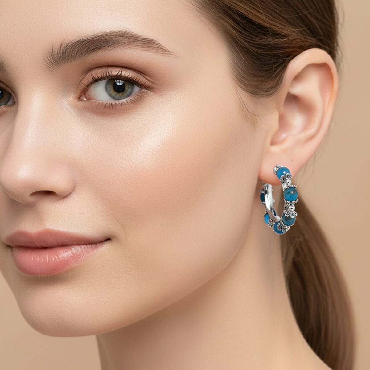 Aquamarine 25.00 ctw Beaded Station Hoop Earrings in Silvertone image number 2