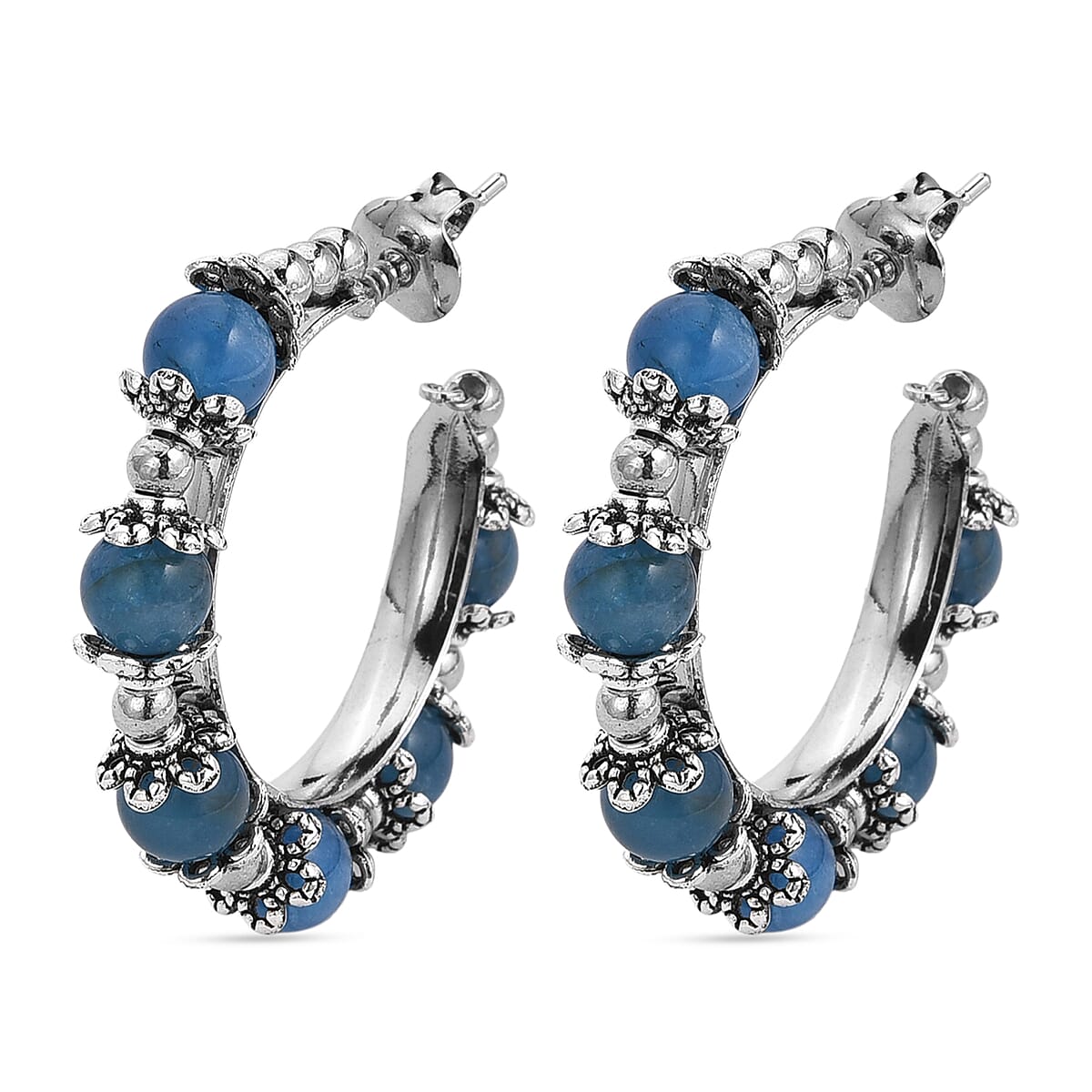 Aquamarine 25.00 ctw Beaded Station Hoop Earrings in Silvertone image number 3