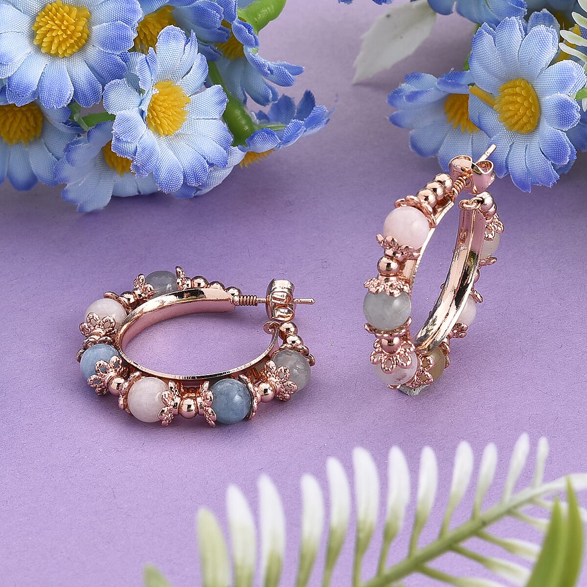 Multi Beryl 25.00 ctw Beaded Station Hoop Earrings in Rosetone image number 1