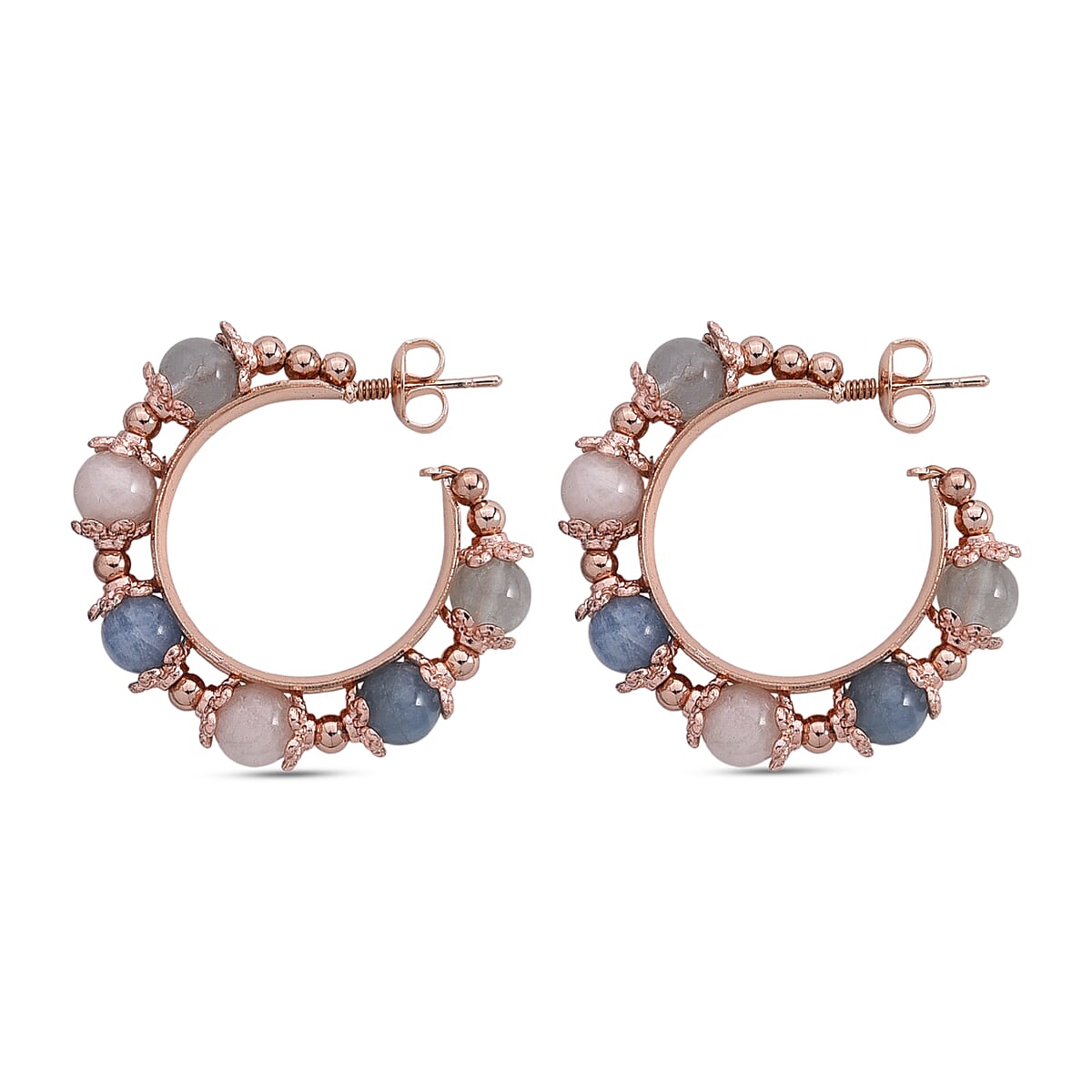 Multi Beryl 25.00 ctw Beaded Station Hoop Earrings in Rosetone image number 4