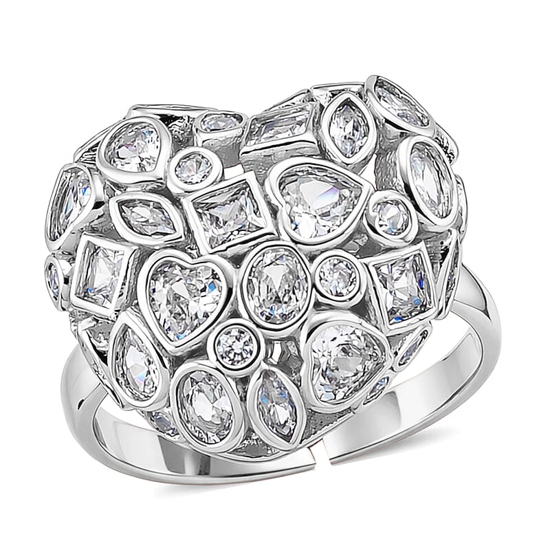 Simulated Diamond Heart Ring in Silvertone (Size 8.5-10.5)