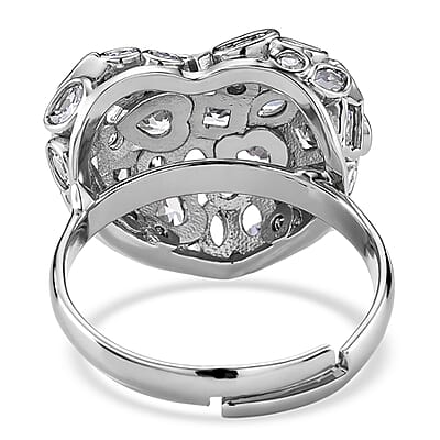 Simulated Diamond Heart Ring in Silvertone (Size 8.5-10.5)