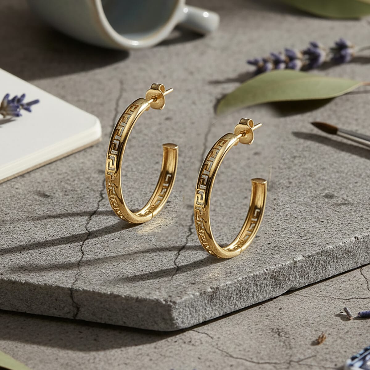 Italian Greek Key Hoop Earrings in 10K Yellow Gold 2 Grams image number 1