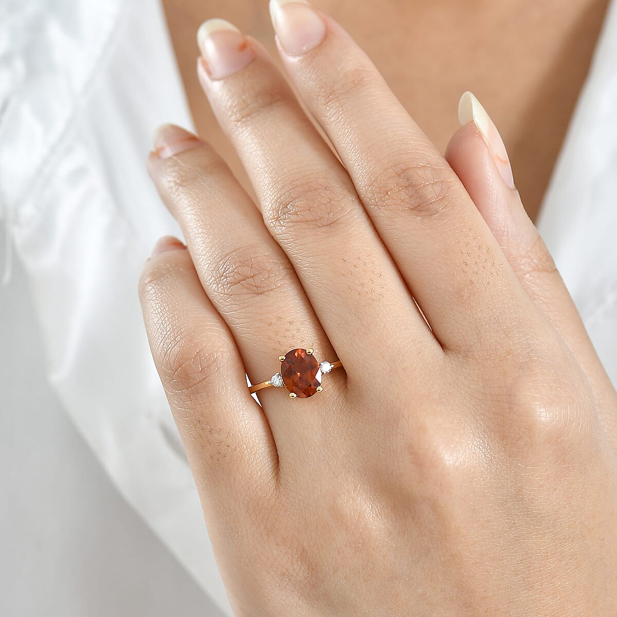 AAA Ceylon Honey Garnet and Luxuriant Lab Grown Diamond G-H SI 2.10 ctw Beloved Classic Ring in 18K Vermeil Yellow Gold Over Sterling Silver (Size 10.0) (Del. in 8-10 Days) image number 2