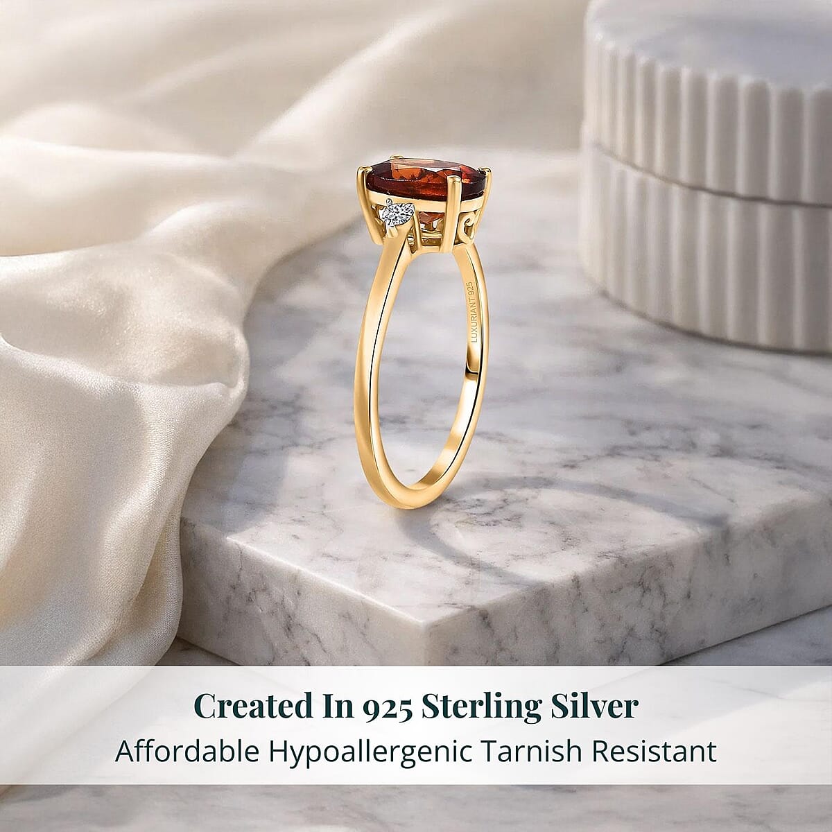 AAA Ceylon Honey Garnet, Lab Grown Diamond Ring in 18K Vermeil YG Over Sterling Silver 2.10 ctw (Size 6.0) image number 2