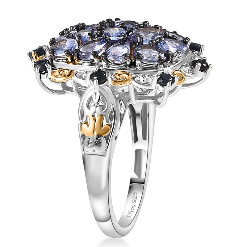 D'Joy Tanzanite and Blue Sapphire 3.00 ctw Filigree Flower Ring in 18K Vermeil YG and Rhodium Over Sterling Silver (Size 10.0)