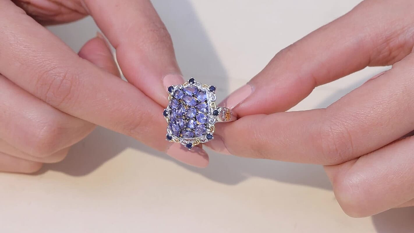D'Joy Tanzanite, Blue Sapphire Ring in 18K Vermeil YG and Rhodium Over Sterling Silver Size 7 3.00 ctw