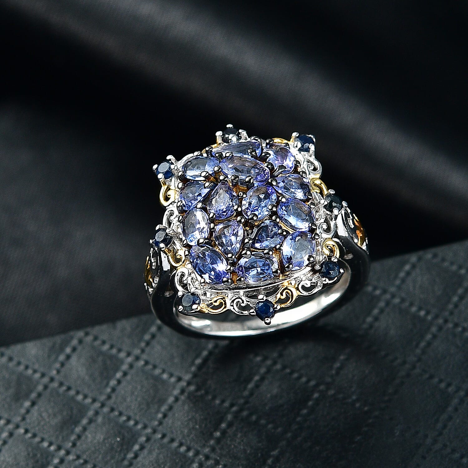 D'Joy Tanzanite and Blue Sapphire 3.00 ctw Filigree Flower Ring in 18K Vermeil YG and Rhodium Over Sterling Silver (Size 5.0)