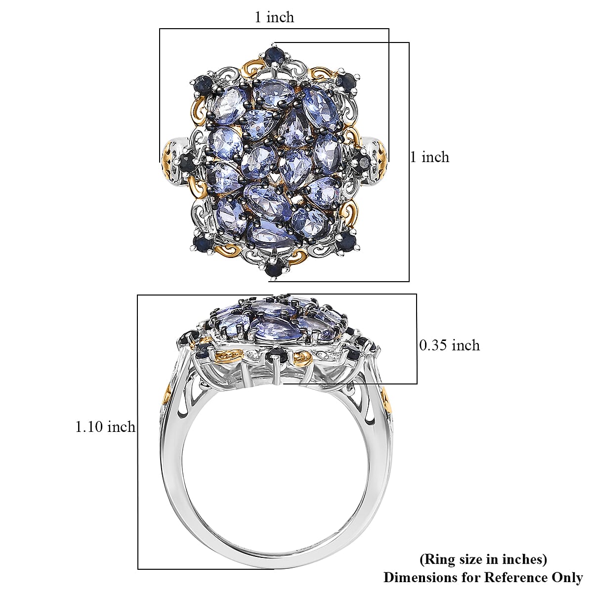 D'Joy Tanzanite and Blue Sapphire 3.00 ctw Filigree Flower Ring in 18K Vermeil YG and Rhodium Over Sterling Silver (Size 5.0)