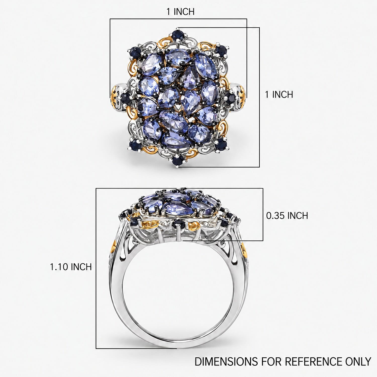 D'Joy Tanzanite and Blue Sapphire 3.00 ctw Filigree Flower Ring in 18K Vermeil YG and Rhodium Over Sterling Silver (Size 5.0)