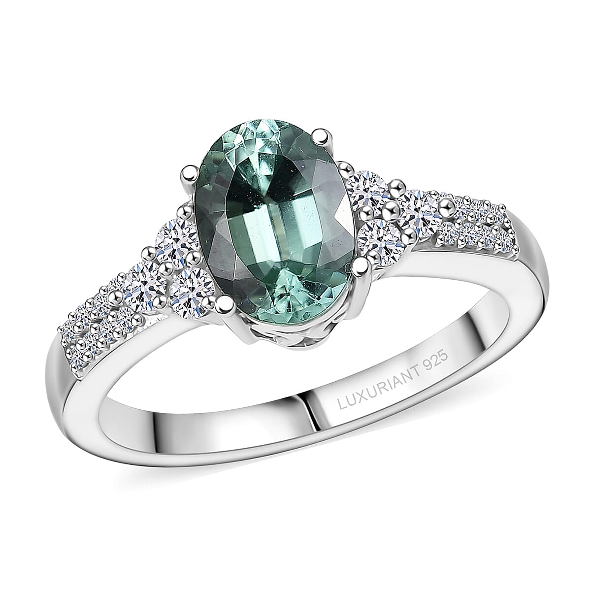 Premium Mint Tourmaline and Luxuriant Lab Grown Diamond G-H SI 1.65 ctw Ring in Rhodium Over Sterling Silver (Size 7.0) image number 0