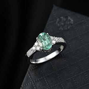 Arquiana Mint Tourmaline, Lab Grown Diamond Ring in Rhodium Over Sterling Silver 1.65 ctw (Size 7.0)