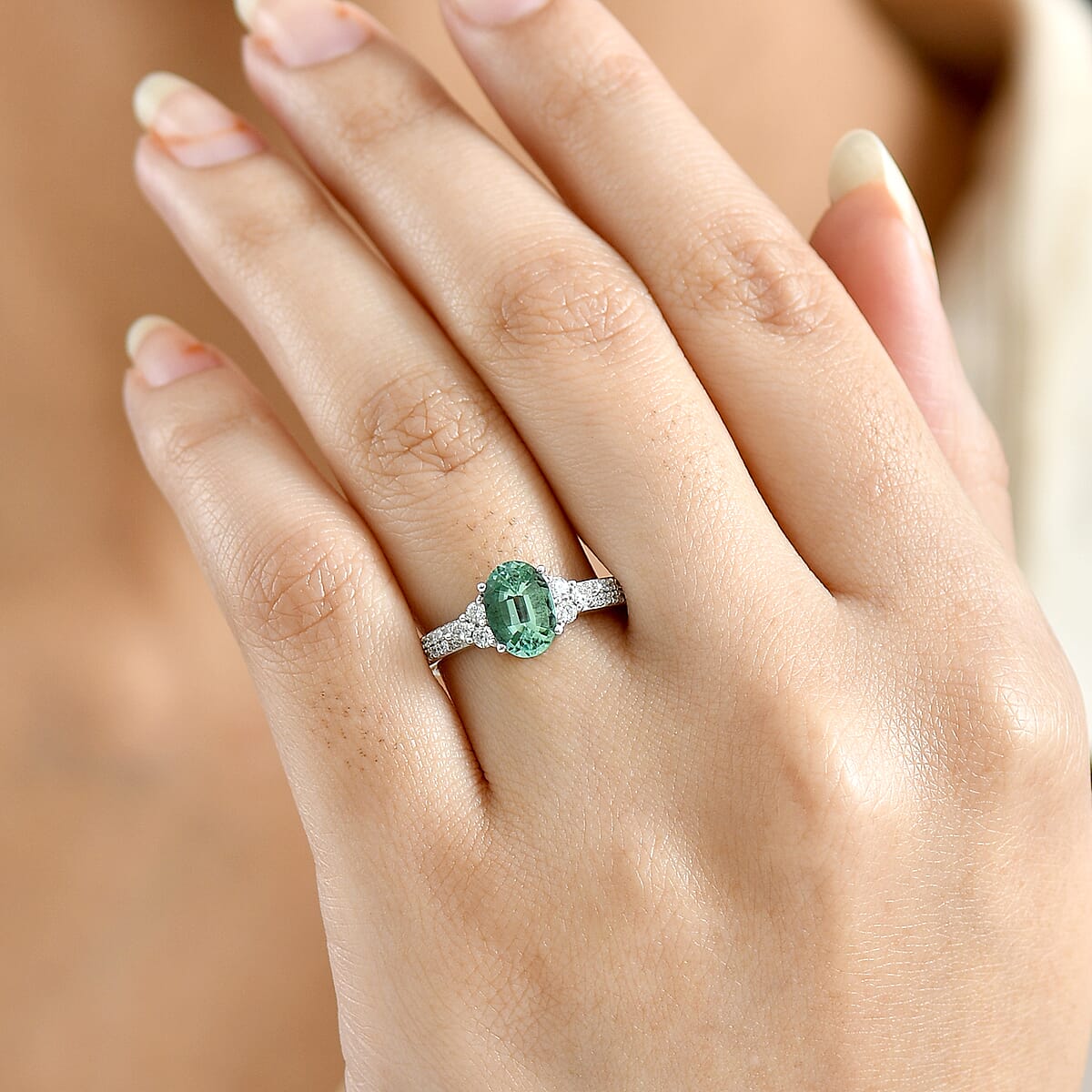 Premium Mint Tourmaline and Luxuriant Lab Grown Diamond G-H SI 1.65 ctw Ring in Rhodium Over Sterling Silver (Size 7.0) image number 2