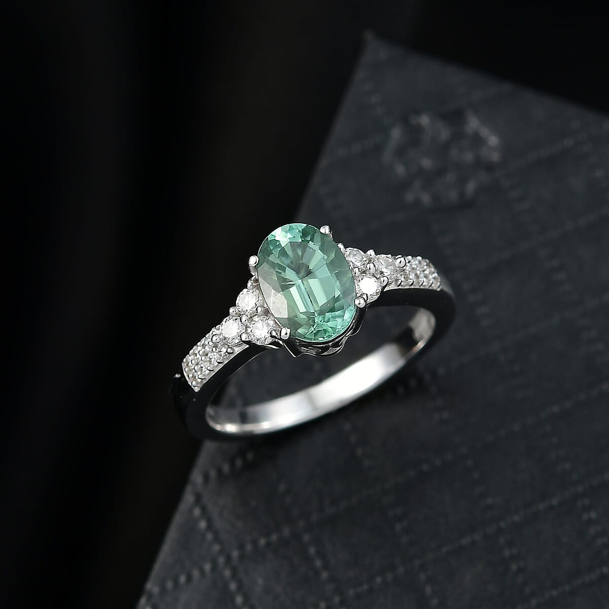 Premium Mint Tourmaline and Luxuriant Lab Grown Diamond G-H SI 1.65 ctw Ring in Rhodium Over Sterling Silver (Size 7.0) image number 1