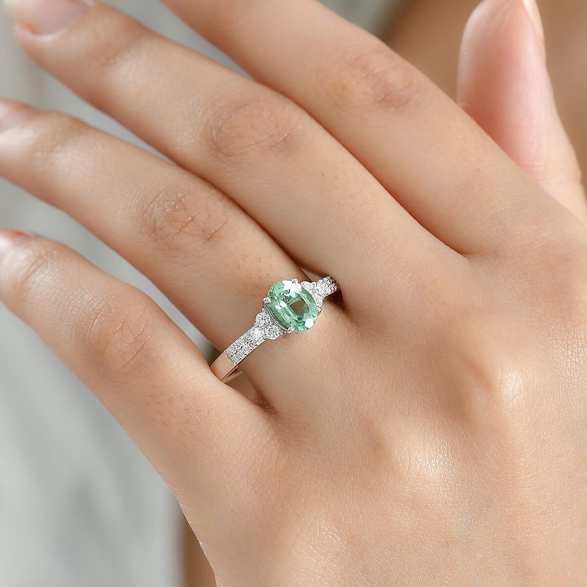 Premium Mint Tourmaline and Luxuriant Lab Grown Diamond G-H SI 1.65 ctw Ring in Rhodium Over Sterling Silver (Size 7.0) image number 2