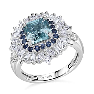 D'Joy Asscher Cut Cambodian Blue Zircon and Multi Gemstone 4.40 ctw Art Deco Ring in Rhodium Over Sterling Silver (Size 10.0) (Del. in 5-7 Days)