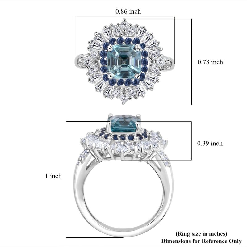 D'Joy Asscher Cut Cambodian Blue Zircon and Multi Gemstone 4.40 ctw Art Deco Ring in Rhodium Over Sterling Silver (Size 5.0) (Del. in 5-7 Days)