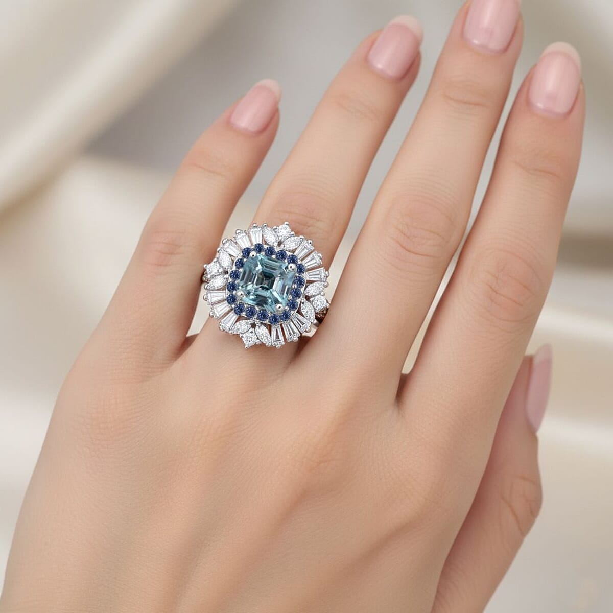 D'Joy Asscher Cut Cambodian Blue Zircon and Multi Gemstone 4.40 ctw Art Deco Ring in Rhodium Over Sterling Silver (Size 6.0) image number 2