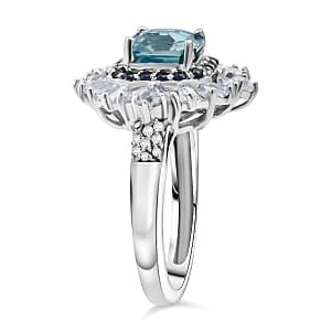 D'Joy Asscher Cut Cambodian Blue Zircon and Multi Gemstone 4.40 ctw Art Deco Ring in Rhodium Over Sterling Silver (Size 6.0)