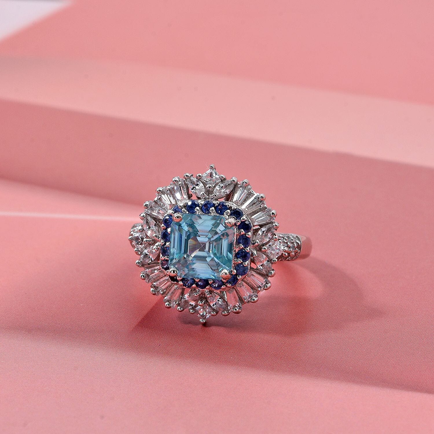 D'Joy Asscher Cut Cambodian Blue Zircon, Multi Gemstone Ring in Rhodium Over Sterling Silver (Size 6.0) 4.60 ctw
