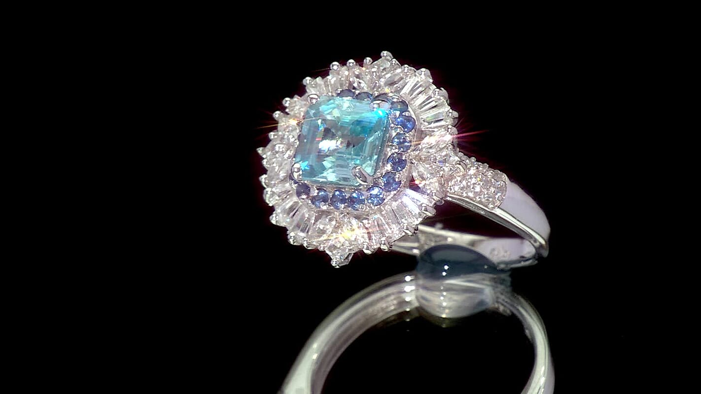 D'Joy Asscher Cut Cambodian Blue Zircon, Multi Gemstone Ring in Rhodium Over Sterling Silver (Size 6.0) 4.60 ctw