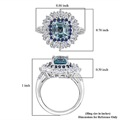 D'Joy Asscher Cut Cambodian Blue Zircon and Multi Gemstone 4.40 ctw Art Deco Ring in Rhodium Over Sterling Silver (Size 7.0)