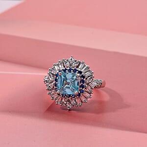 D'Joy Asscher Cut Cambodian Blue Zircon and Multi Gemstone 4.40 ctw Art Deco Ring in Rhodium Over Sterling Silver (Size 8.0) (Del. in 5-7 Days)