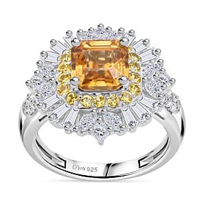 D'Joy Asscher Cut Yellow Zircon and Multi Gemstone 4.35 ctw Art Deco Ring in Rhodium Over Sterling Silver (Size 5.0) (Del. in 5-7 Days)