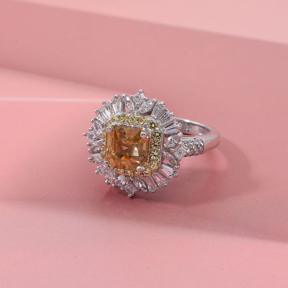 D'Joy Asscher Cut Yellow Zircon and Multi Gemstone 4.35 ctw Art Deco Ring in Rhodium Over Sterling Silver (Size 5.0) (Del. in 5-7 Days) image number 1