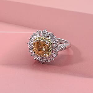 D'Joy Asscher Cut Yellow Zircon and Multi Gemstone 4.35 ctw Art Deco Ring in Rhodium Over Sterling Silver (Size 5.0) (Del. in 5-7 Days)