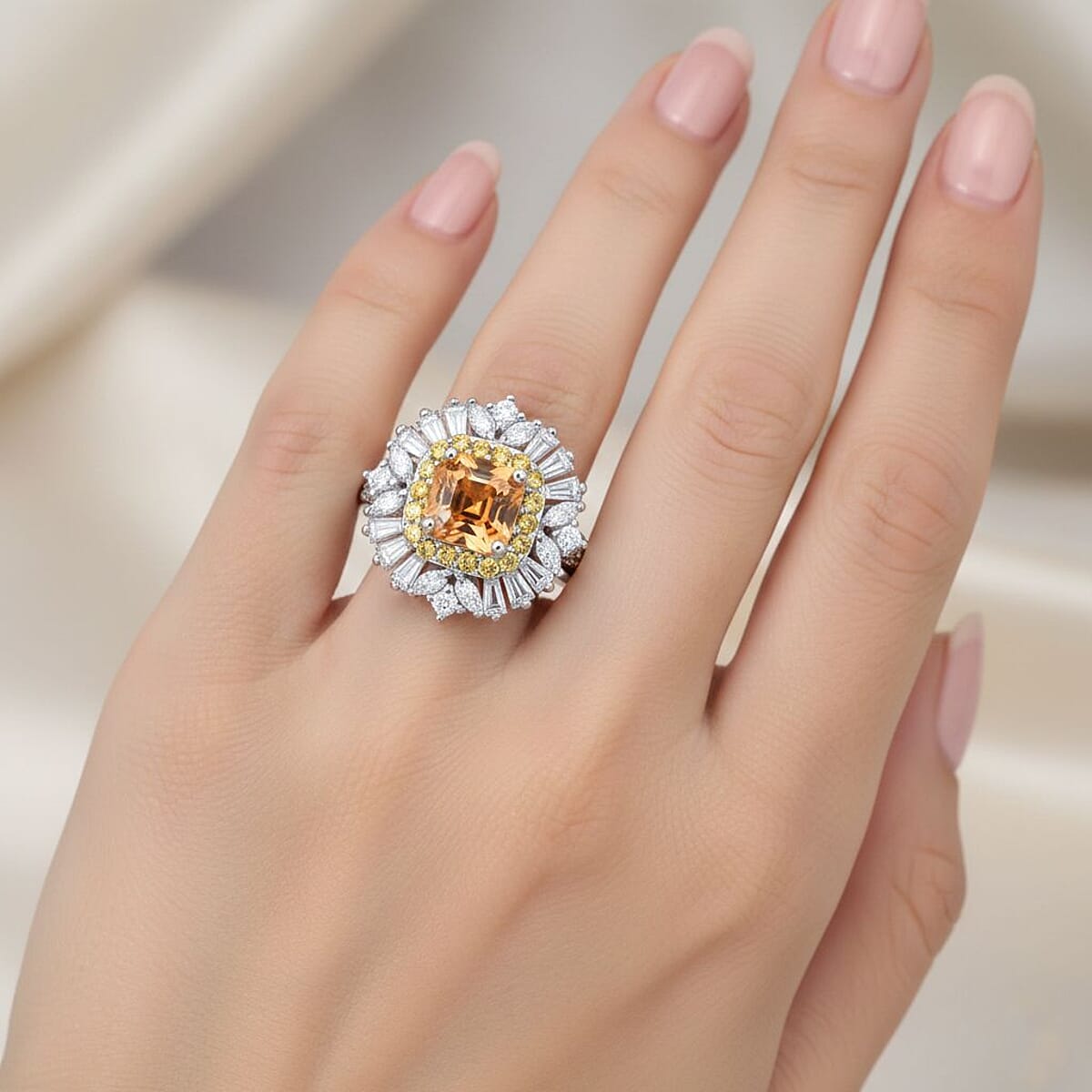 D'Joy Asscher Cut Yellow Zircon and Multi Gemstone 4.35 ctw Art Deco Ring in Rhodium Over Sterling Silver (Size 5.0) (Del. in 5-7 Days) image number 2