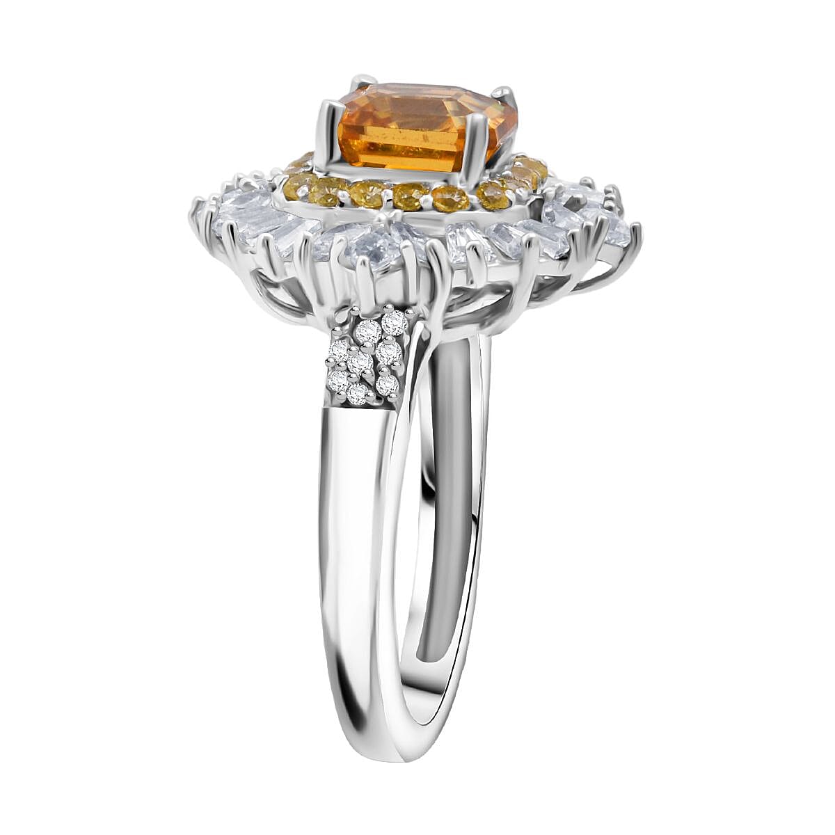 D'Joy Asscher Cut Yellow Zircon and Multi Gemstone 4.35 ctw Art Deco Ring in Rhodium Over Sterling Silver (Size 5.0) (Del. in 5-7 Days) image number 3