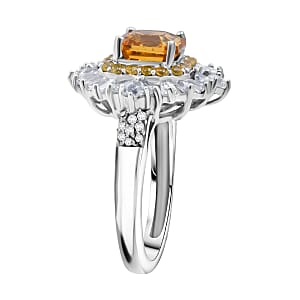 D'Joy Asscher Cut Yellow Zircon and Multi Gemstone 4.35 ctw Art Deco Ring in Rhodium Over Sterling Silver (Size 6.0)