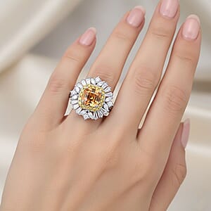 D'Joy Asscher Cut Yellow Zircon and Multi Gemstone 4.35 ctw Art Deco Ring in Rhodium Over Sterling Silver (Size 9.0)