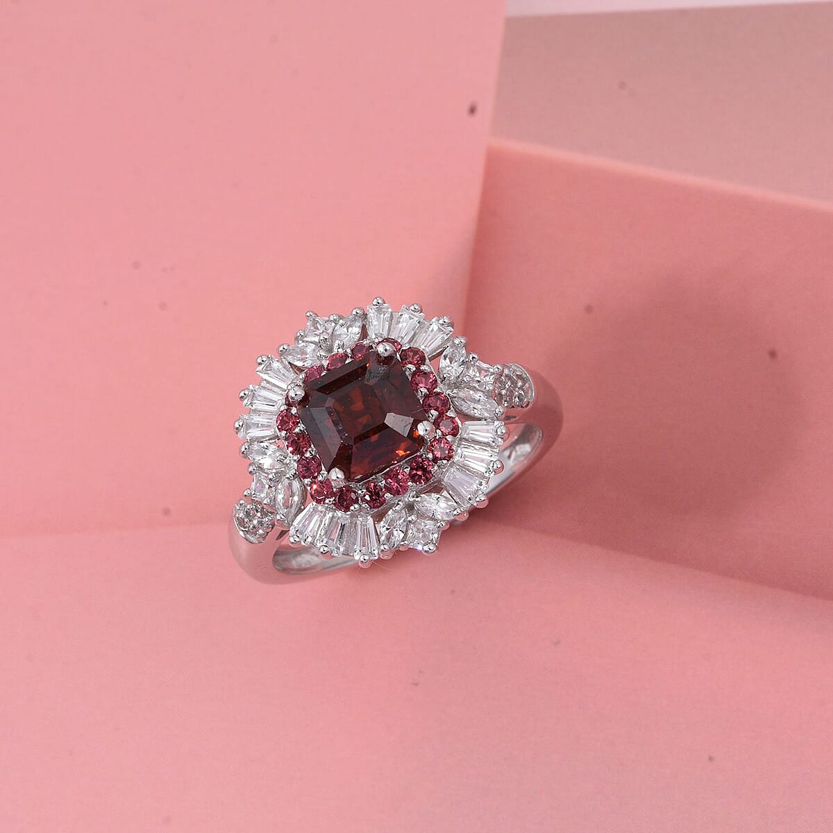 D'Joy Asscher Cut Sunset Zircon and Multi Gemstone 4.45 ctw Art Deco Ring in Rhodium Over Sterling Silver (Size 7.0) image number 1